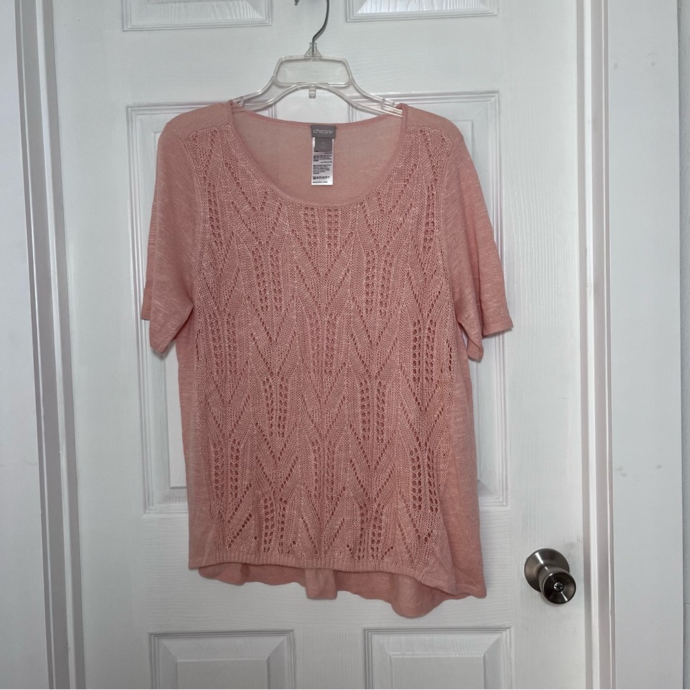 Chico's Blush Linen Blend Lace Knit Short Sleeve knit Top Petite